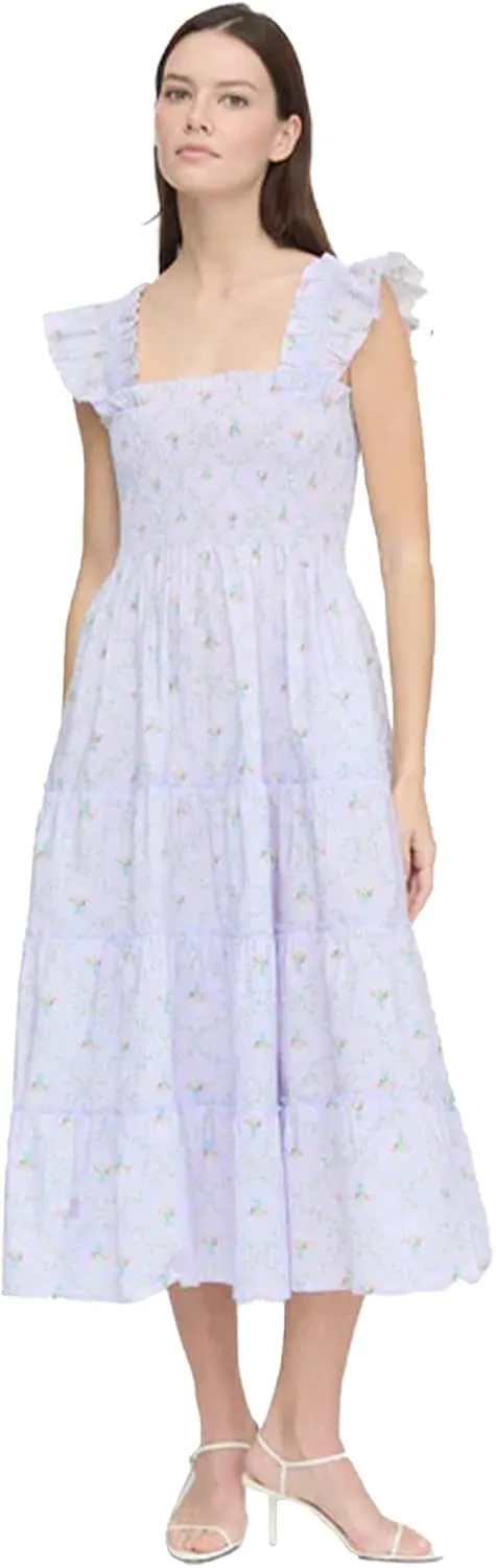 Women's Floral Midi Dress Ruffle Sleeveless Square Neck A Line Smocked Flowy Tiered Long Dress