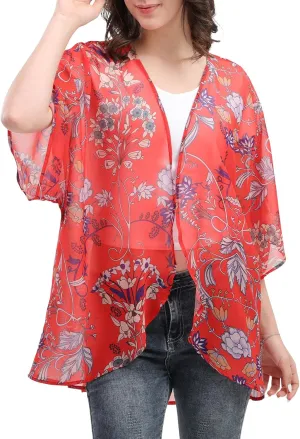Women's Floral Print Cardigan Causal Summer Blouse Cover Up Female Lightweight Kimono Tops