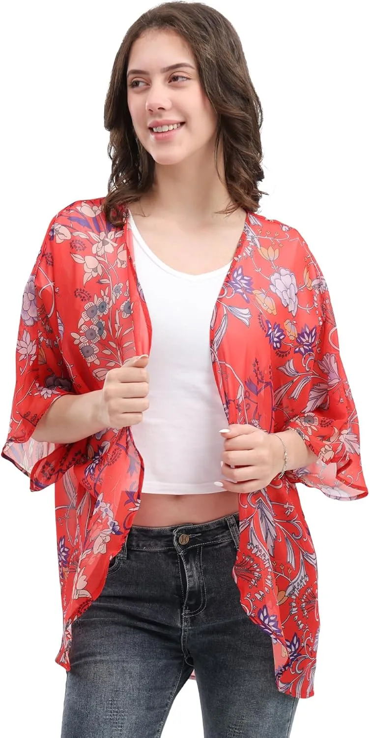 Women's Floral Print Cardigan Causal Summer Blouse Cover Up Female Lightweight Kimono Tops