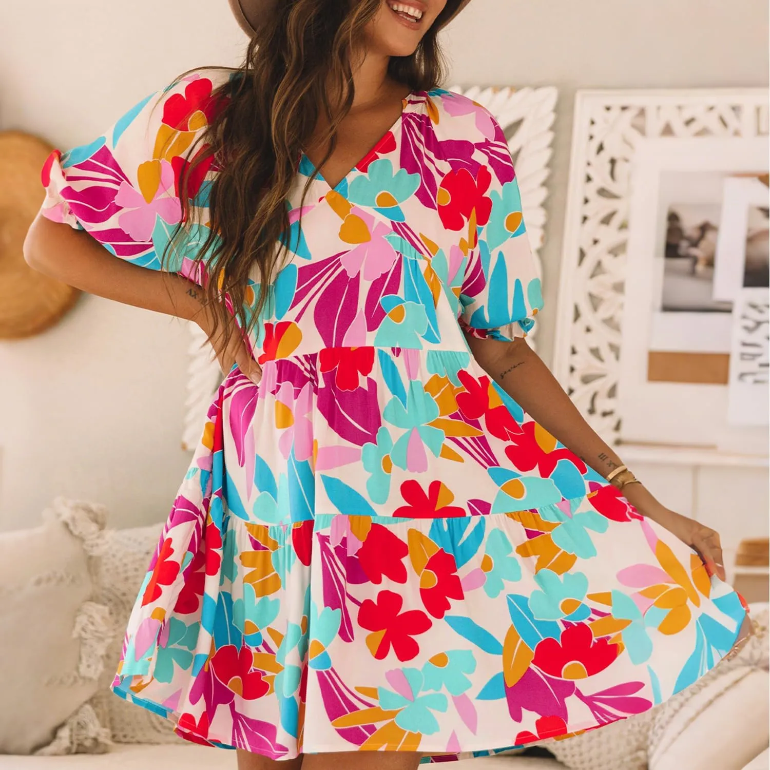 Women's Floral Print Dress 2025 Summer V Neck Tiered Ruffle Puff Sleeve Babydoll Dress Vacation Beach Mini Dresses