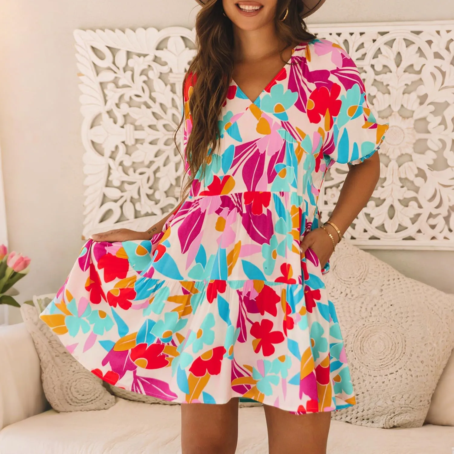 Women's Floral Print Dress 2025 Summer V Neck Tiered Ruffle Puff Sleeve Babydoll Dress Vacation Beach Mini Dresses