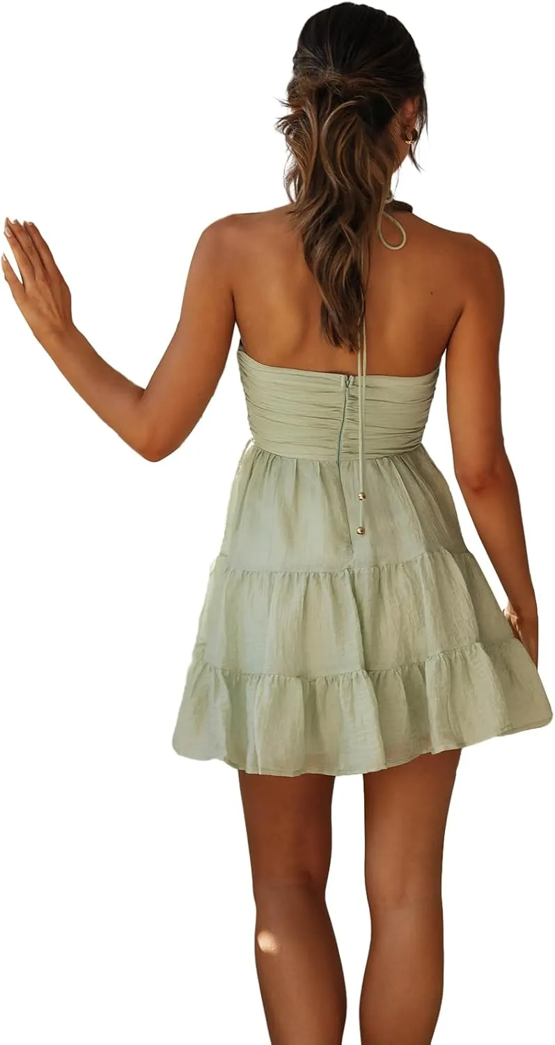 Women's Halter Mini Dress Deep V Neck Casual Sleeveless Halter Neck Flowy Tiered Ruffle Hem Dress Beach Sundress
