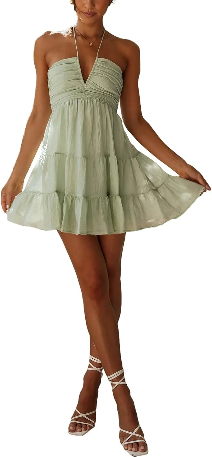 Women's Halter Mini Dress Deep V Neck Casual Sleeveless Halter Neck Flowy Tiered Ruffle Hem Dress Beach Sundress