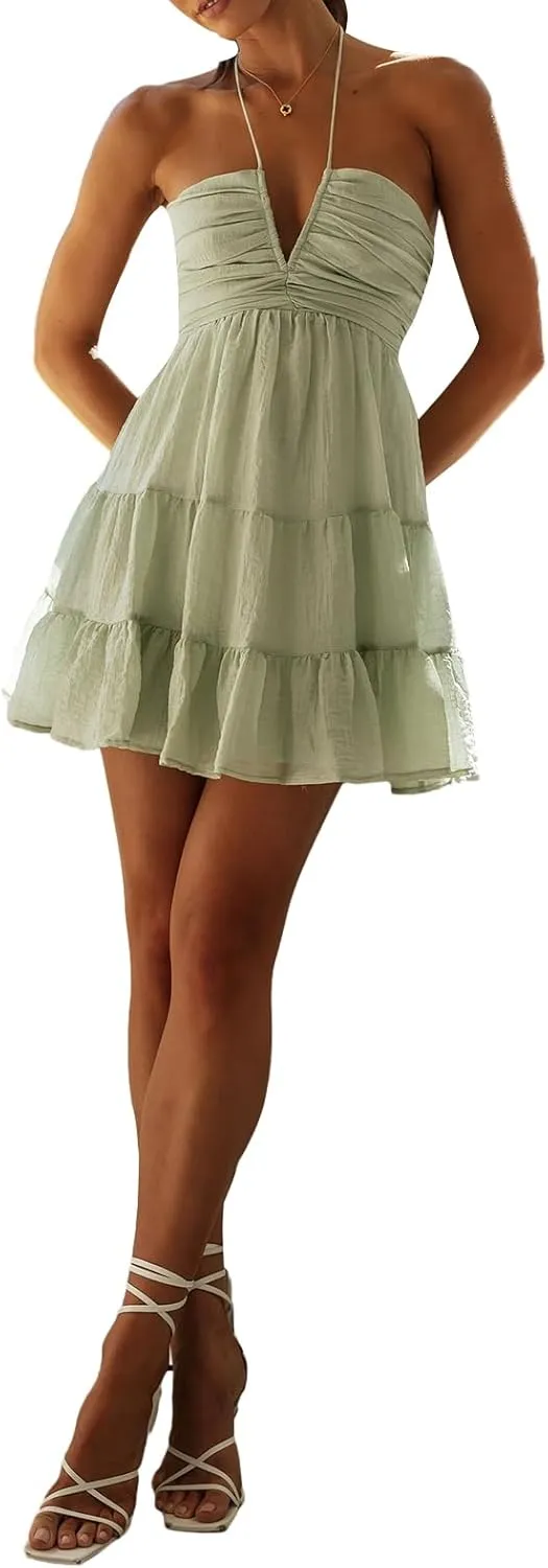 Women's Halter Mini Dress Deep V Neck Casual Sleeveless Halter Neck Flowy Tiered Ruffle Hem Dress Beach Sundress