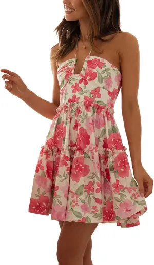 Women's Halter V Neck Backless Ruffle Sleeveless Sexy Ruffle Cut Out Flowy Skater Mini Dress