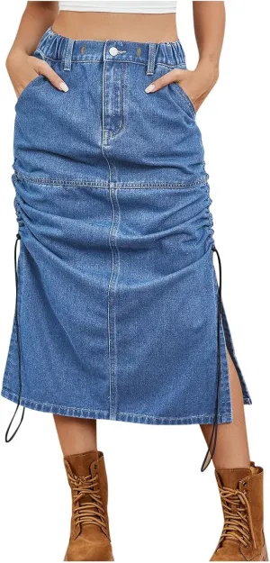 Womens High Waisted Denim Midi Skirt Summer Casual Loose Fit Dress Trendy Drawstring Long Dress with Pockets
