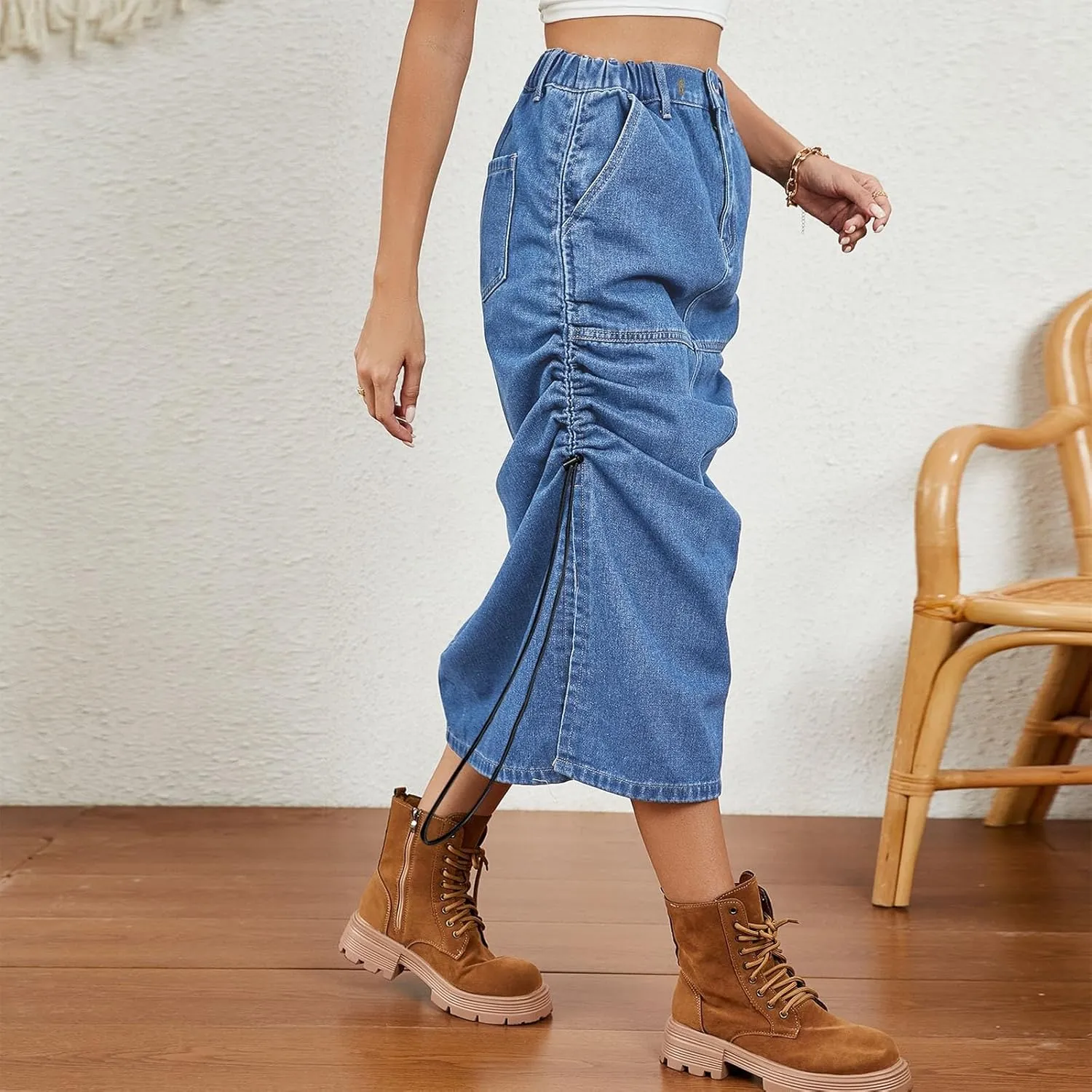 Womens High Waisted Denim Midi Skirt Summer Casual Loose Fit Dress Trendy Drawstring Long Dress with Pockets