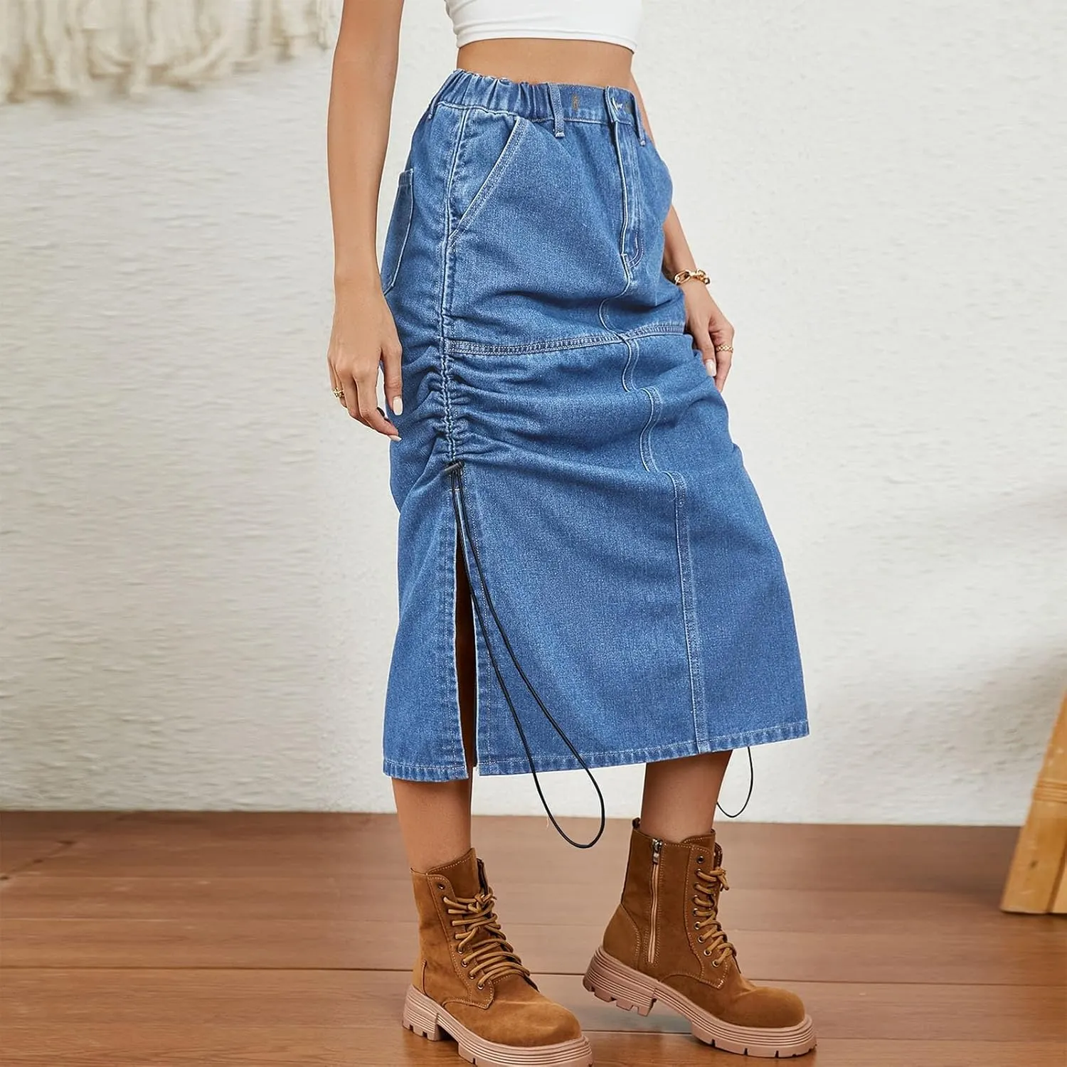 Womens High Waisted Denim Midi Skirt Summer Casual Loose Fit Dress Trendy Drawstring Long Dress with Pockets