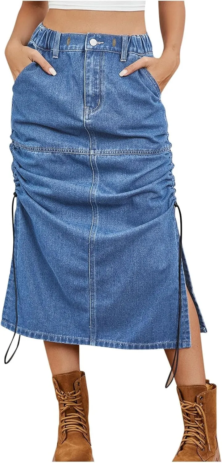 Womens High Waisted Denim Midi Skirt Summer Casual Loose Fit Dress Trendy Drawstring Long Dress with Pockets