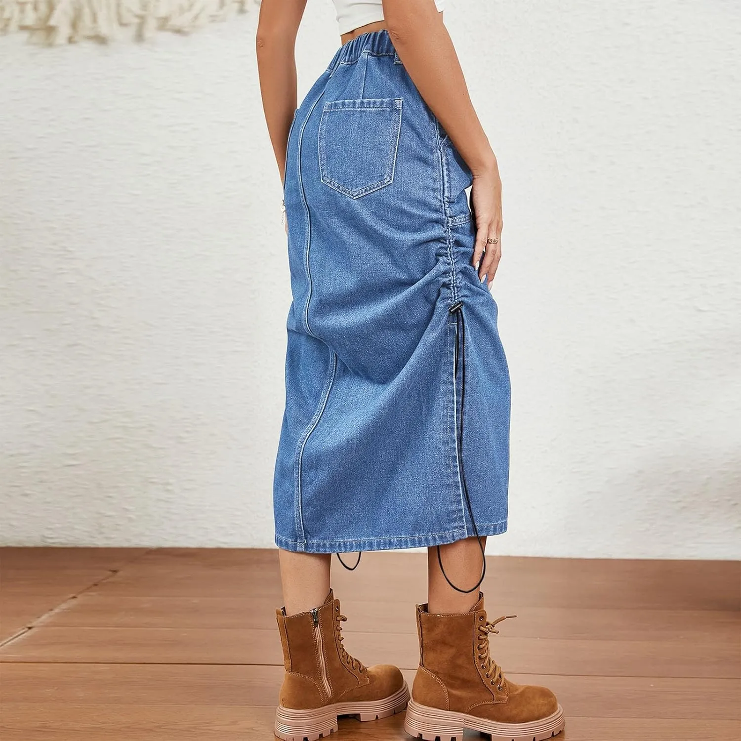 Womens High Waisted Denim Midi Skirt Summer Casual Loose Fit Dress Trendy Drawstring Long Dress with Pockets