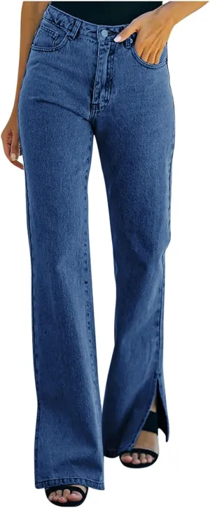 Women's High Waisted Flare Jeans Stretchy Side Split Hem Denim Pants Streetwear Vintage Button Trousers with Pockets