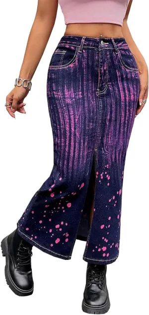 Women's High Waisted Maxi Long Denim Skirts Stretchy Slit Washed Tie Dye Skinny Butt Lifting Jean Midi Skirt,Purple1,S