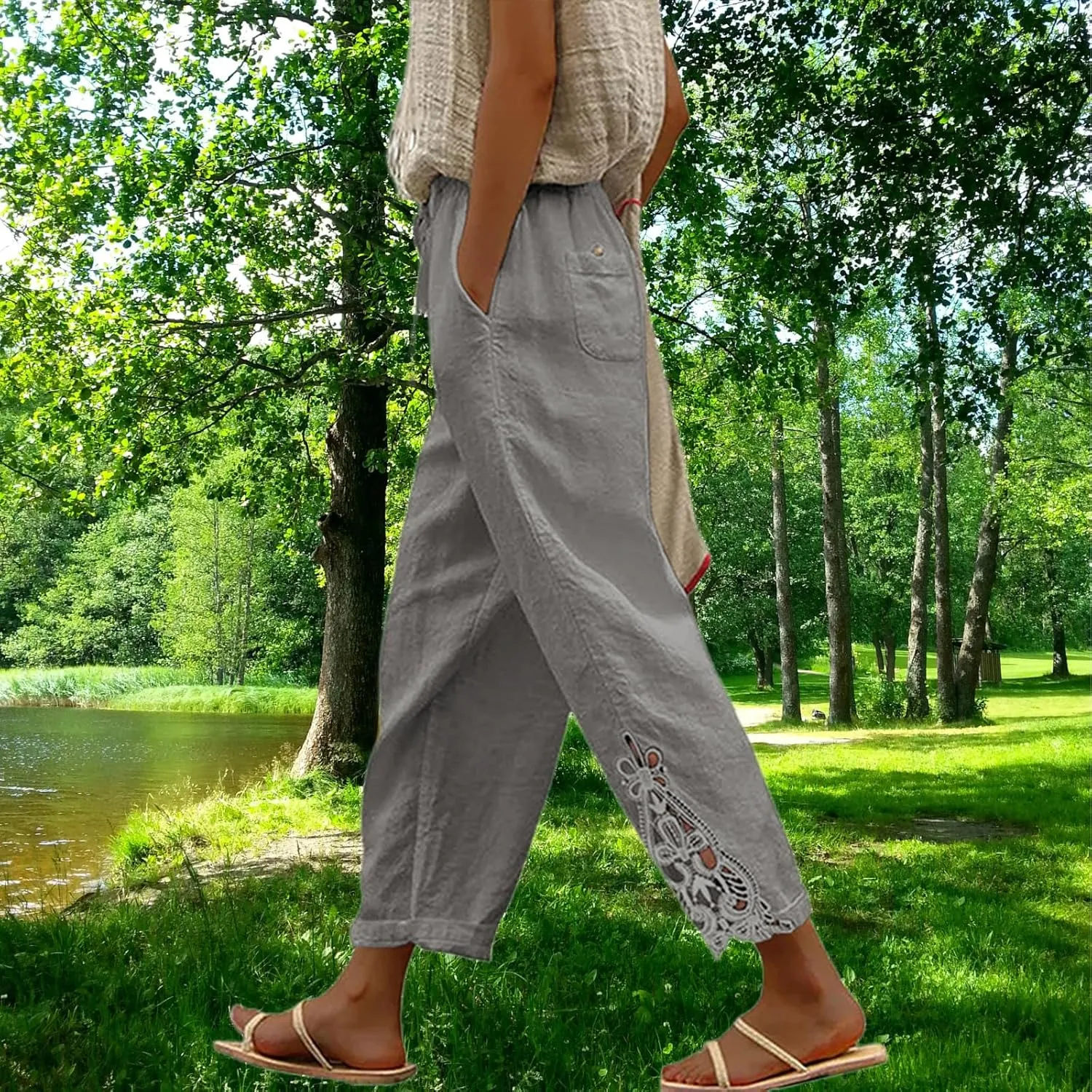 Womens Lace Splicing Cotton Linen Capri Pants Drawstring Elastic Waist Solid Color Summer Trousers with Pockets