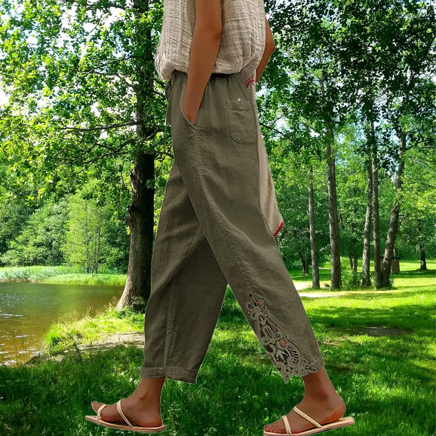 Womens Lace Splicing Cotton Linen Capri Pants Drawstring Elastic Waist Solid Color Summer Trousers with Pockets