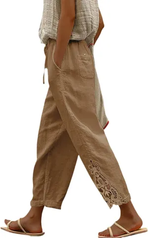 Womens Lace Splicing Cotton Linen Capri Pants Drawstring Elastic Waist Solid Color Summer Trousers with Pockets
