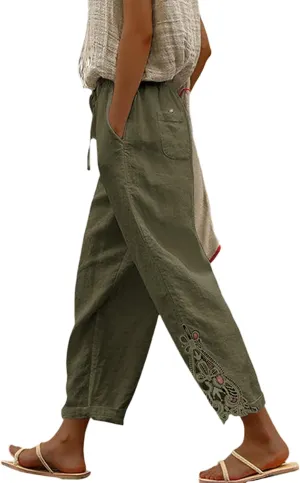 Womens Lace Splicing Cotton Linen Capri Pants Drawstring Elastic Waist Solid Color Summer Trousers with Pockets