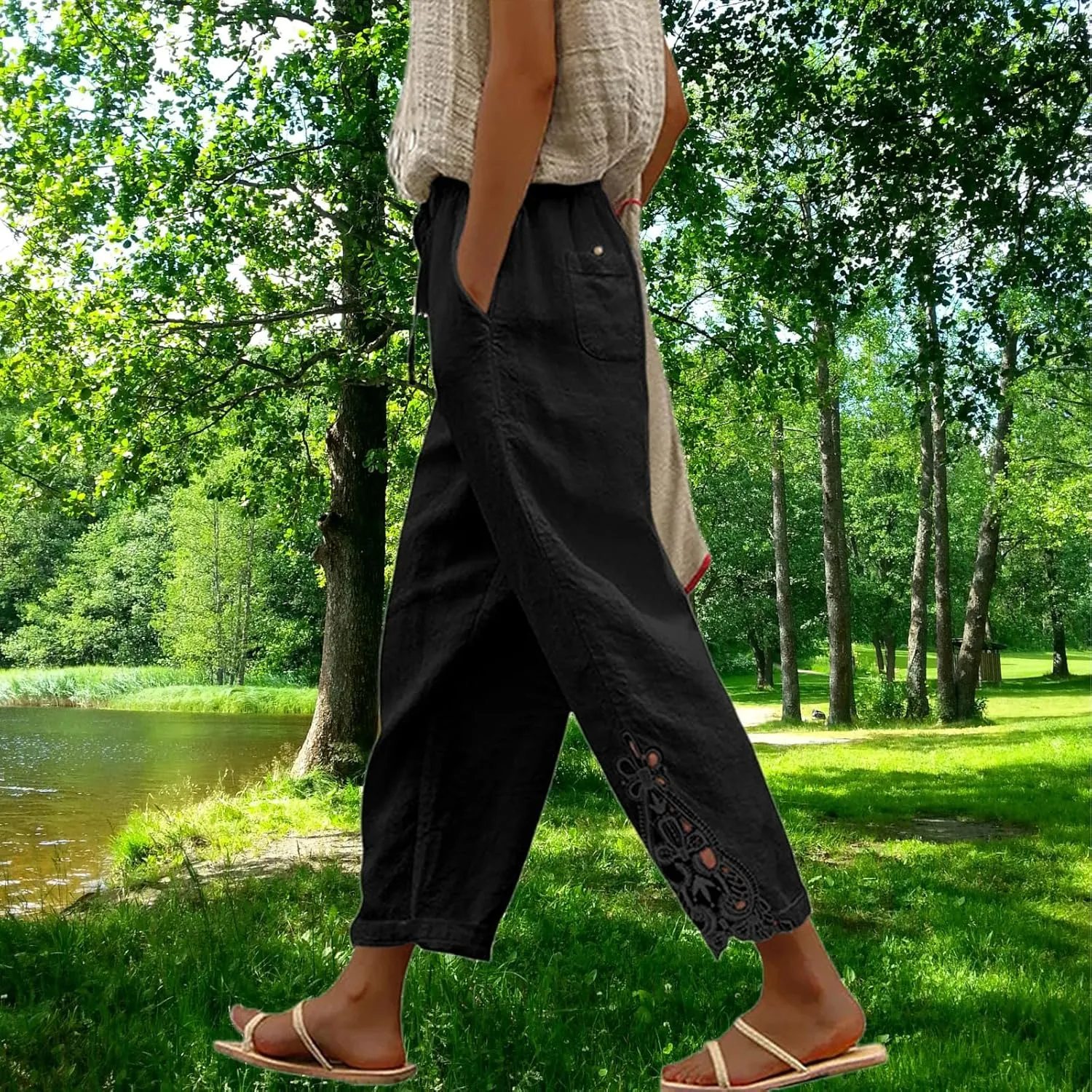 Womens Lace Splicing Cotton Linen Capri Pants Drawstring Elastic Waist Solid Color Summer Trousers with Pockets