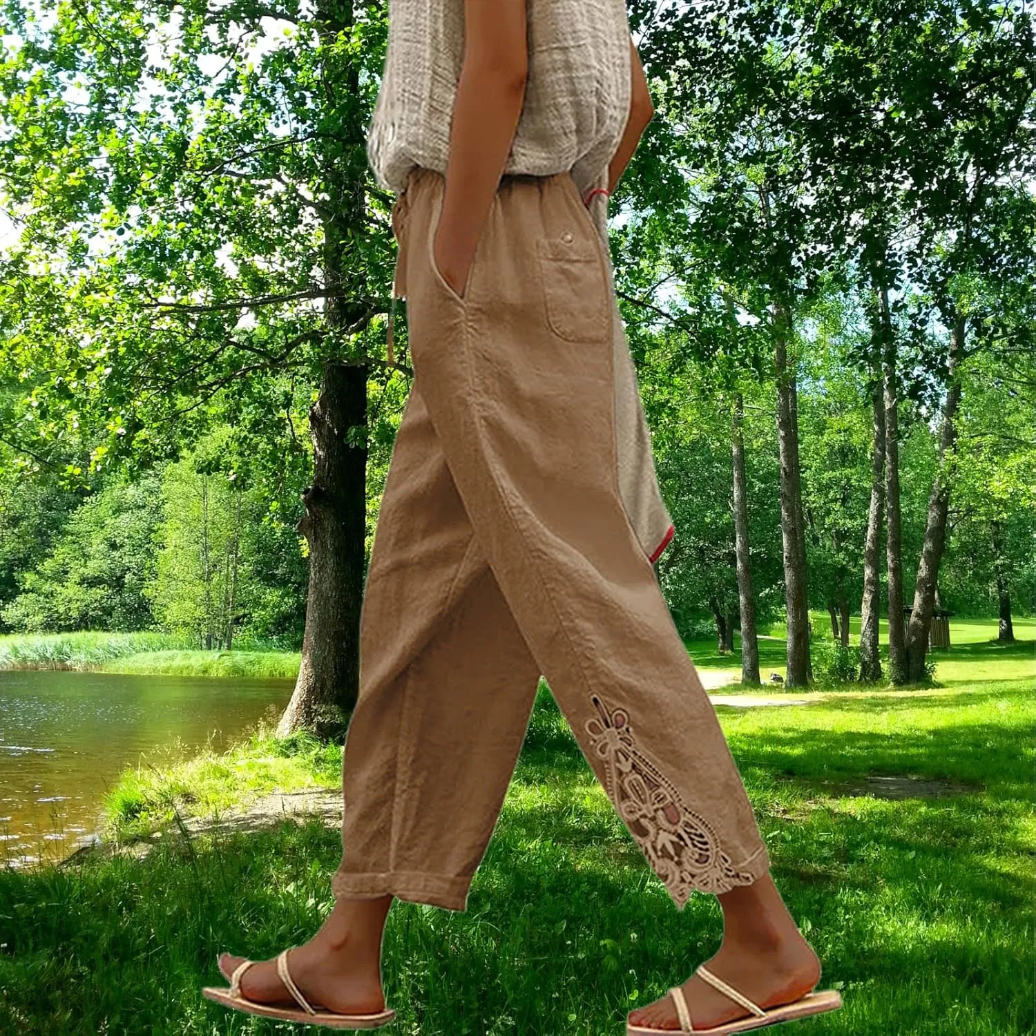 Womens Lace Splicing Cotton Linen Capri Pants Drawstring Elastic Waist Solid Color Summer Trousers with Pockets