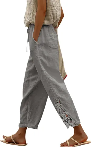 Womens Lace Splicing Cotton Linen Capri Pants Drawstring Elastic Waist Solid Color Summer Trousers with Pockets