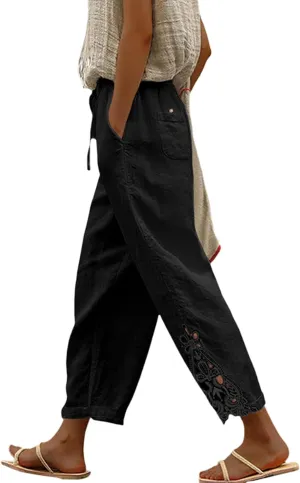 Womens Lace Splicing Cotton Linen Capri Pants Drawstring Elastic Waist Solid Color Summer Trousers with Pockets