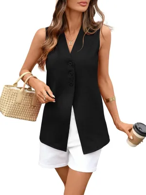 Women's Linen Cotton Vest Long V Neck Button Down Casual Suit Vest