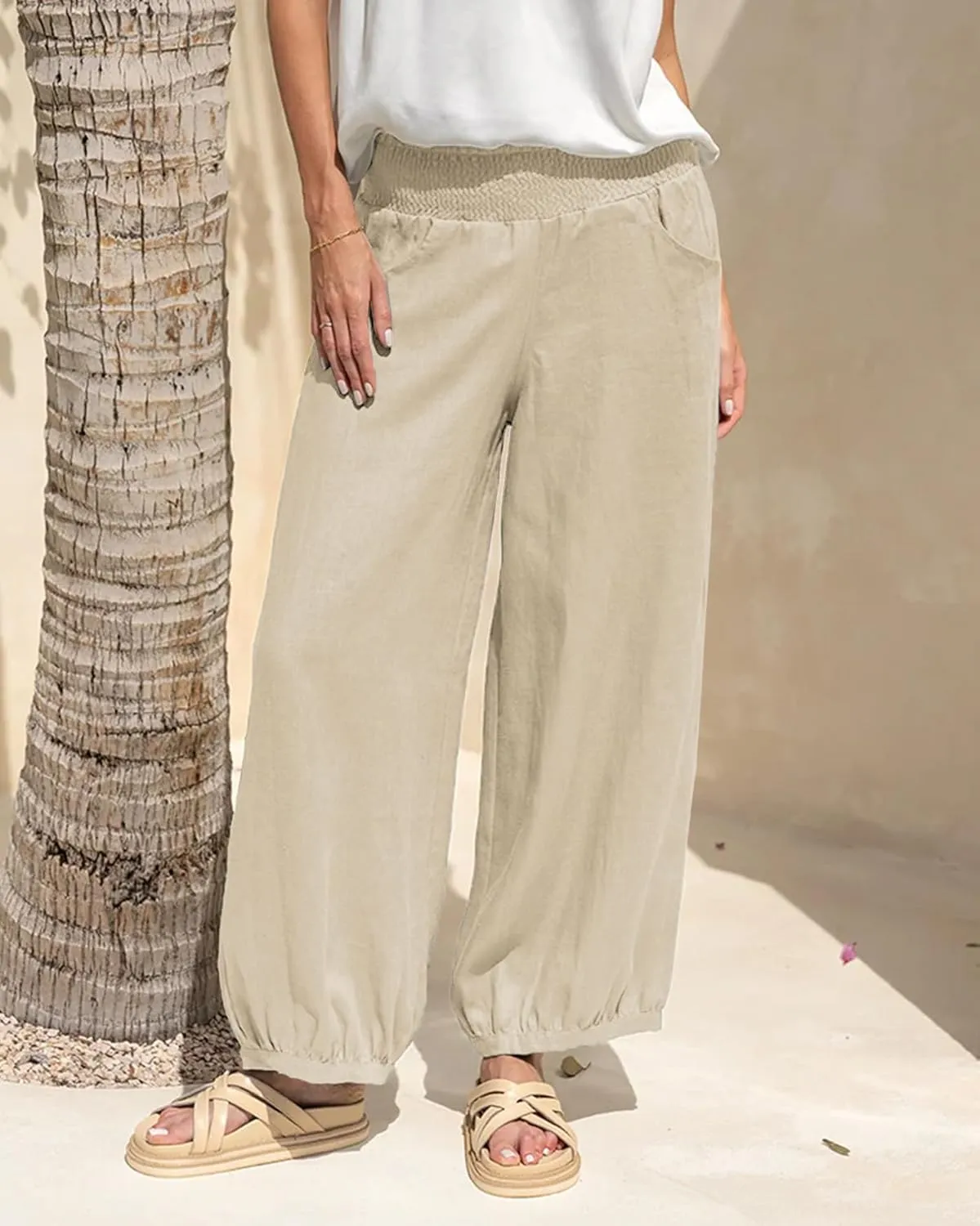 Womens Linen Wide Leg Pants Summer Beach Palazzo Harem Pants Casual Ankle Length Trouser Slacks