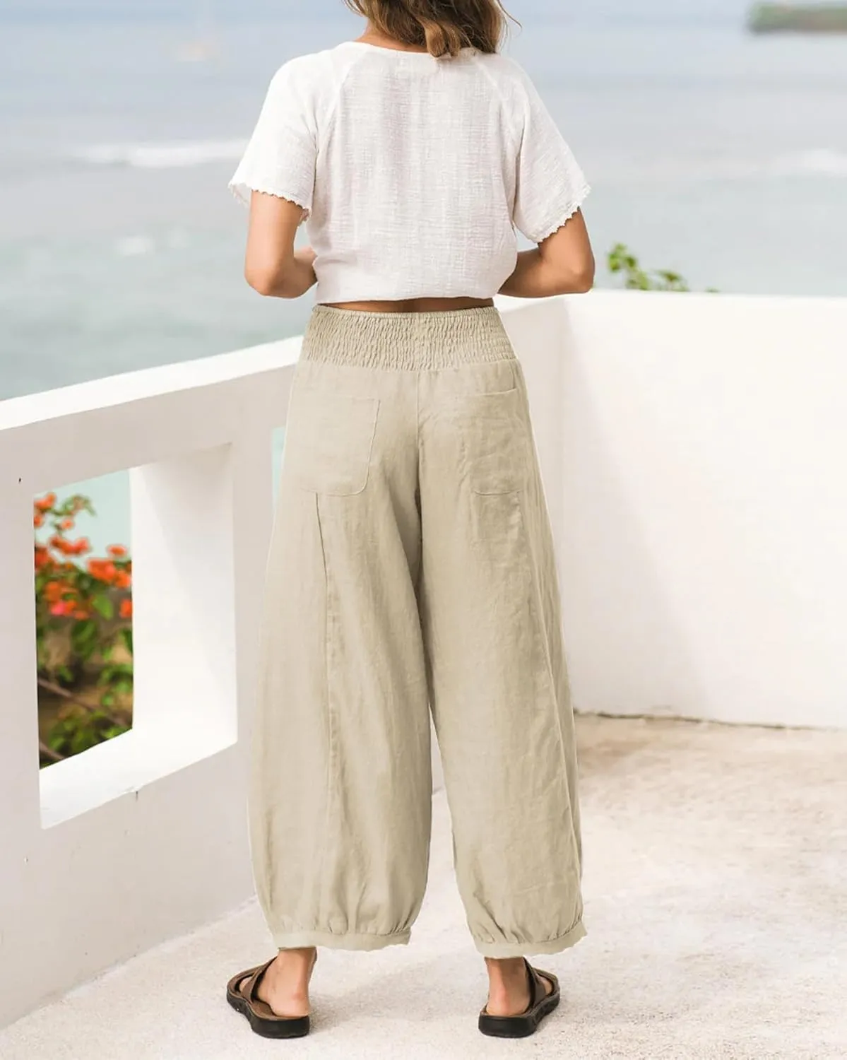 Womens Linen Wide Leg Pants Summer Beach Palazzo Harem Pants Casual Ankle Length Trouser Slacks