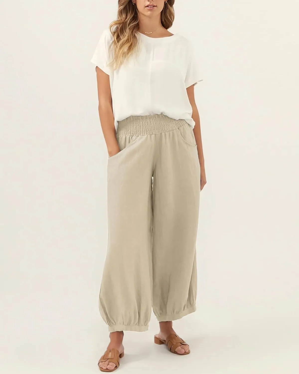 Womens Linen Wide Leg Pants Summer Beach Palazzo Harem Pants Casual Ankle Length Trouser Slacks