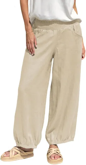 Womens Linen Wide Leg Pants Summer Beach Palazzo Harem Pants Casual Ankle Length Trouser Slacks