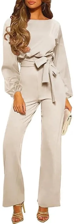 Women's Long Sleeve Formal Jumpsuits Crew Neck Belted Wide Leg Pant Romper
