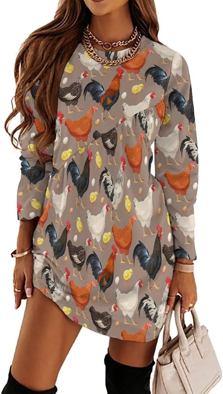 Womens Long Sleeve T Shirt Dress Cherry Printed Crew Neck Tunic Dress Casual Loose Plus Size Dress
