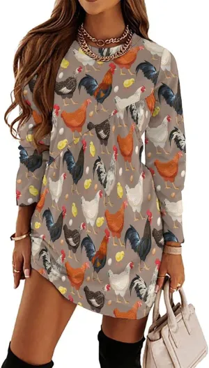 Womens Long Sleeve T Shirt Dress Cherry Printed Crew Neck Tunic Dress Casual Loose Plus Size Dress