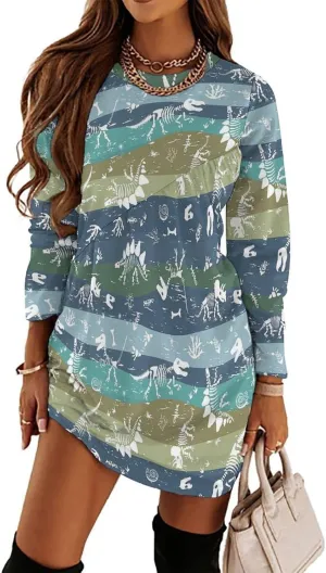 Womens Long Sleeve T Shirt Dress Cherry Printed Crew Neck Tunic Dress Casual Loose Plus Size Dress