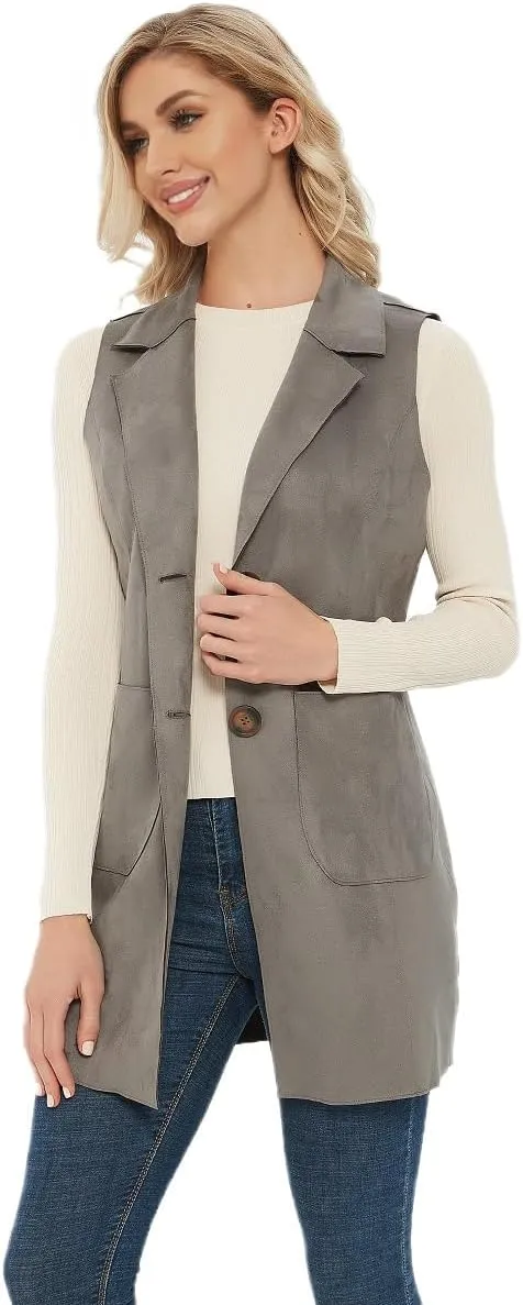 Women's Long Sleeveless Suede Vest Casual Lapel Open Front Duster Vest