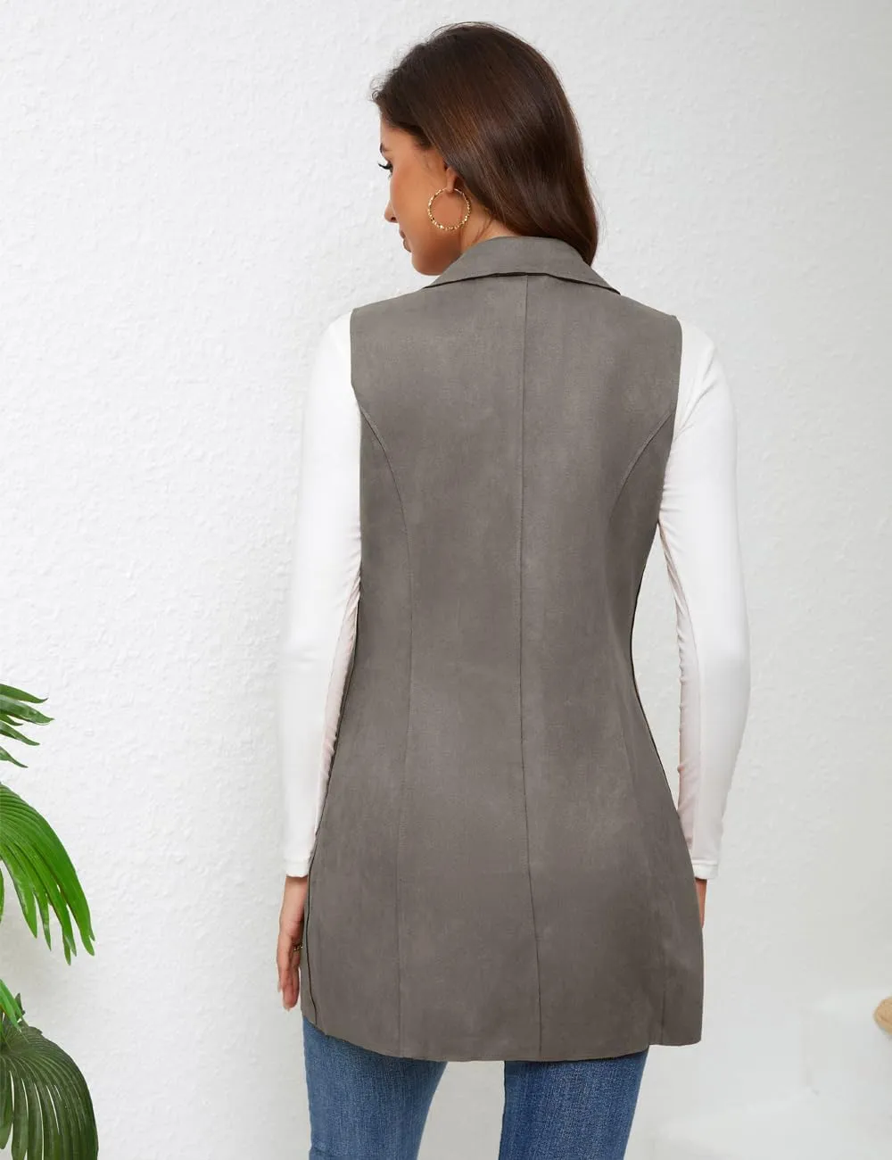 Women's Long Sleeveless Suede Vest Casual Lapel Open Front Duster Vest