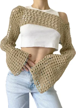 Women's Mesh Crochet Crop Tops Shrugs Sexy Y2k Hollow Out Cropped Knit Sweater See Through Bikini Cover Ups