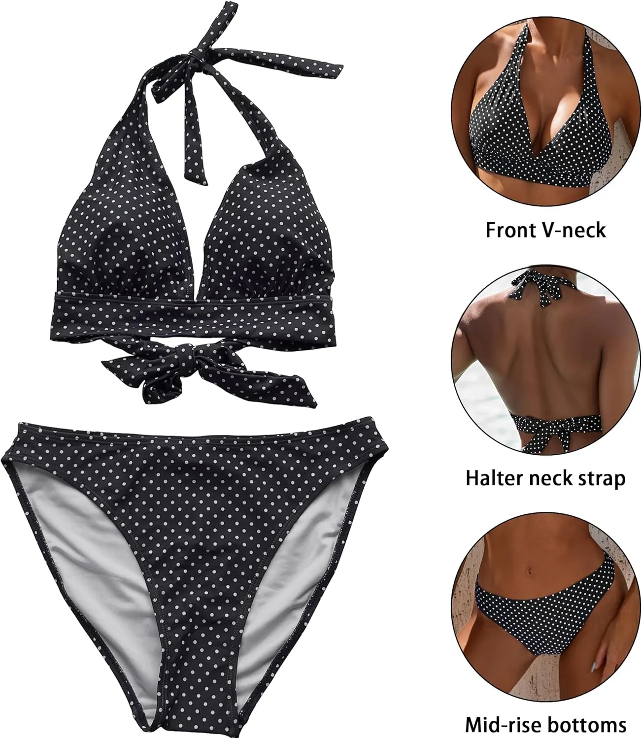 Women's Mid Rise Bikini Suit Halter Neck V Tie Push Up Front Classic Polka Dot Two Swimsuit