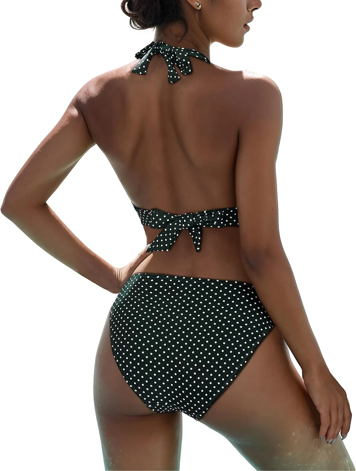 Women's Mid Rise Bikini Suit Halter Neck V Tie Push Up Front Classic Polka Dot Two Swimsuit