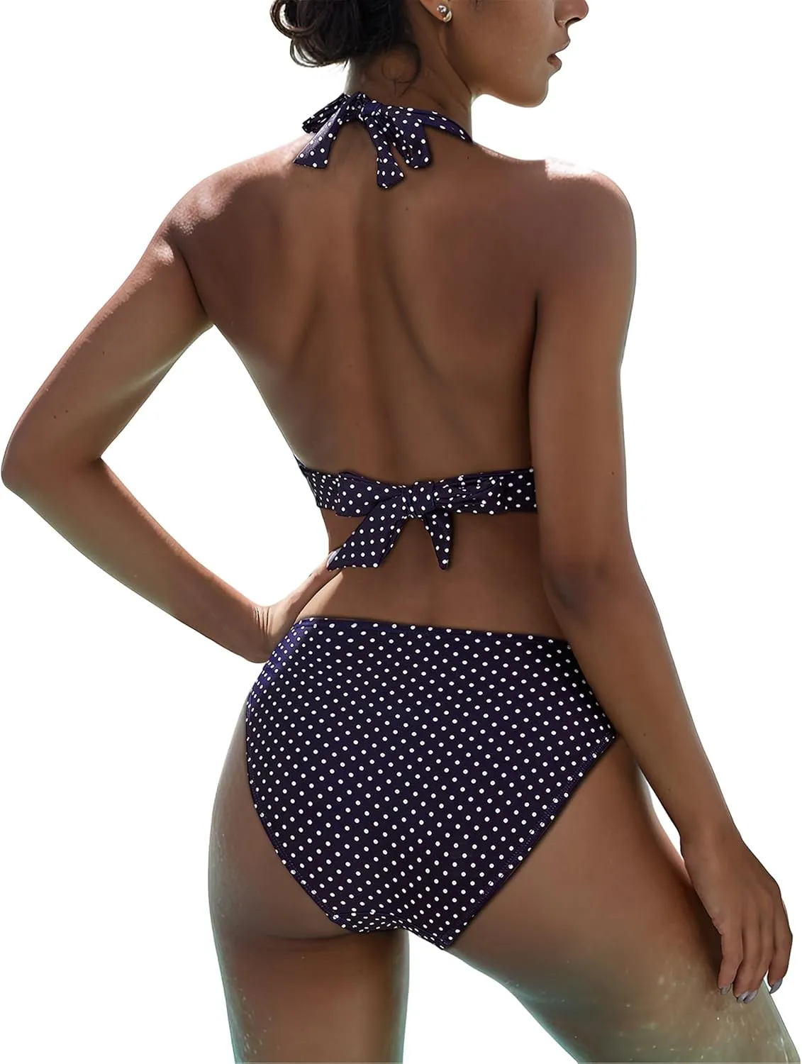Women's Mid Rise Bikini Suit Halter Neck V Tie Push Up Front Classic Polka Dot Two Swimsuit