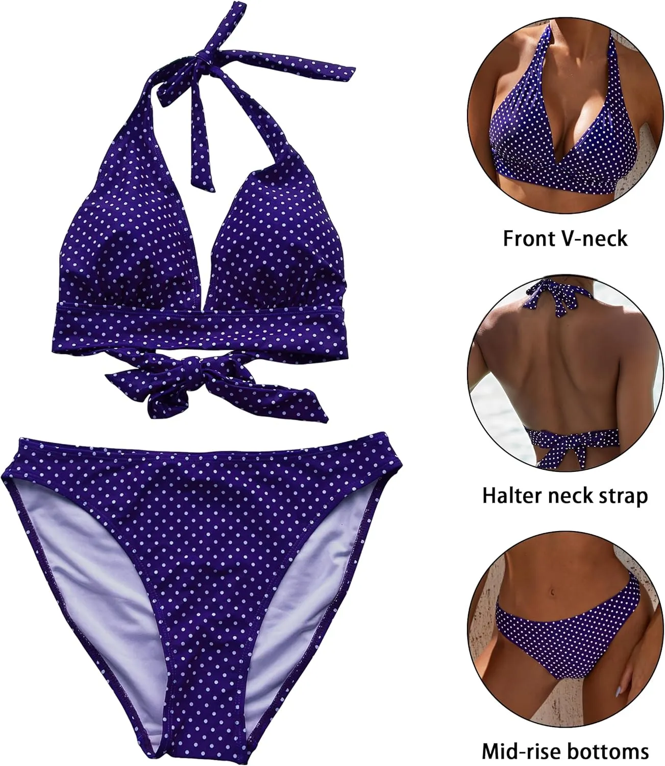 Women's Mid Rise Bikini Suit Halter Neck V Tie Push Up Front Classic Polka Dot Two Swimsuit