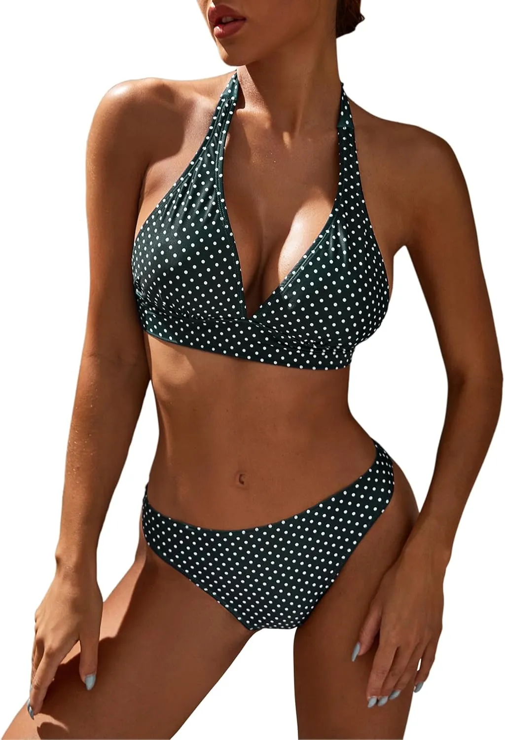 Women's Mid Rise Bikini Suit Halter Neck V Tie Push Up Front Classic Polka Dot Two Swimsuit