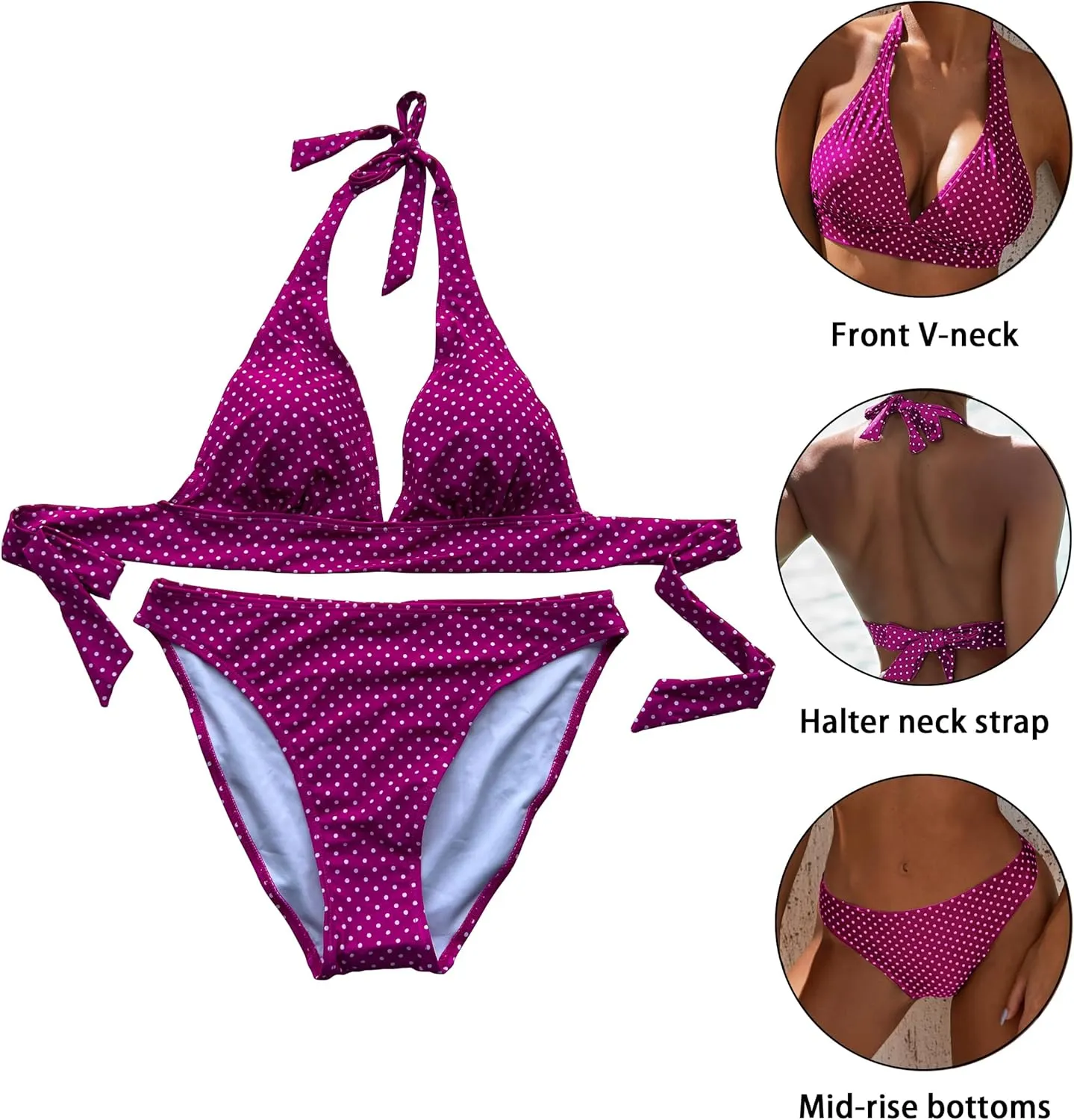Women's Mid Rise Bikini Suit Halter Neck V Tie Push Up Front Classic Polka Dot Two Swimsuit