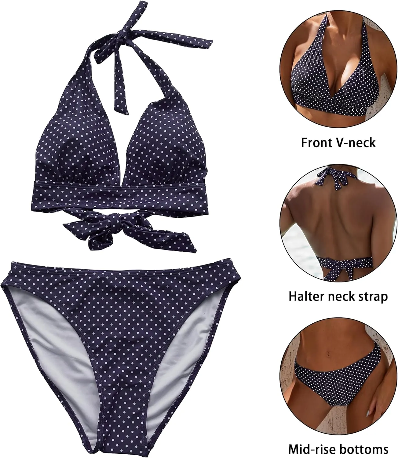 Women's Mid Rise Bikini Suit Halter Neck V Tie Push Up Front Classic Polka Dot Two Swimsuit