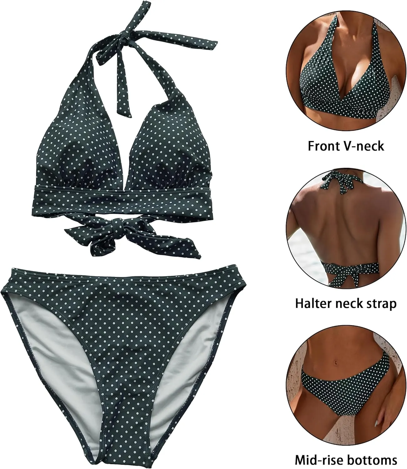 Women's Mid Rise Bikini Suit Halter Neck V Tie Push Up Front Classic Polka Dot Two Swimsuit