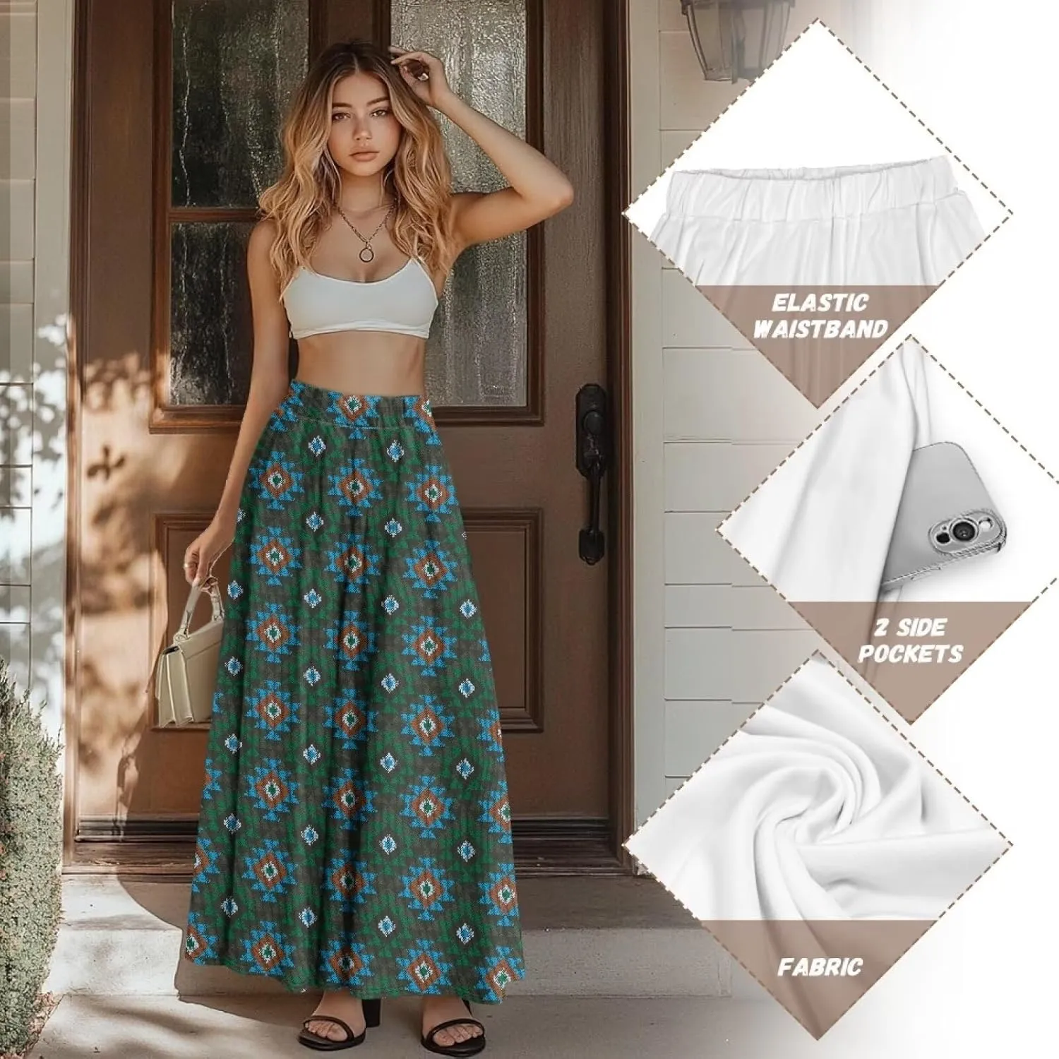 Women's Midi Skirt Elastic Pleated Long Skirts for Women Trendy with Pocket s-2xl