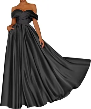 Women's Off Shoulder Prom Dresses Corset Satin Formal Evening Dress Sweetheart Cocktail Party Gown with Pockets