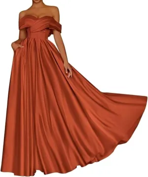 Women's Off Shoulder Prom Dresses Corset Satin Formal Evening Dress Sweetheart Cocktail Party Gown with Pockets