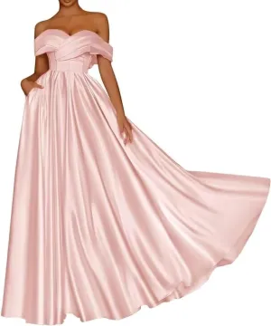 Women's Off Shoulder Prom Dresses Corset Satin Formal Evening Dress Sweetheart Cocktail Party Gown with Pockets