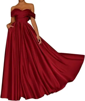 Women's Off Shoulder Prom Dresses Corset Satin Formal Evening Dress Sweetheart Cocktail Party Gown with Pockets