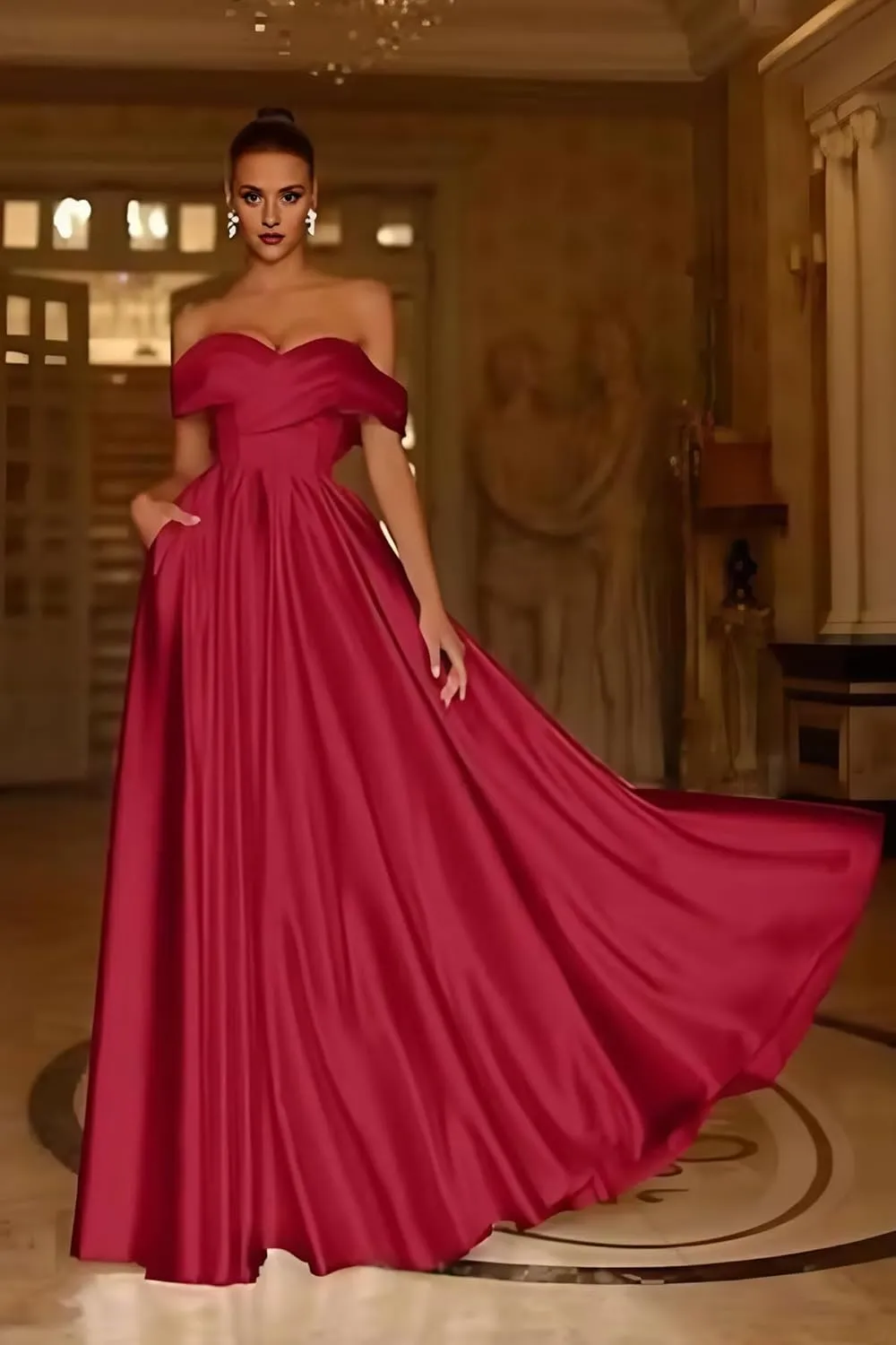 Women's Off Shoulder Prom Dresses Corset Satin Formal Evening Dress Sweetheart Cocktail Party Gown with Pockets